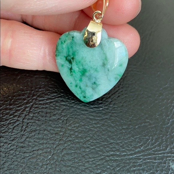 14k Real Gold Chain 18 Heart Jade Pendant Necklace - Picture 5 of 10
